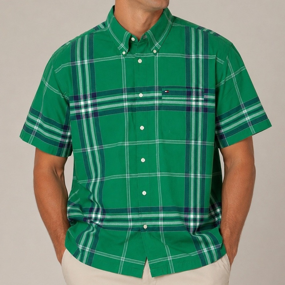 Tommy Hilfiger Mens XL Green Plaid‎ Short Sleeve Button Down Cotton Shirt Preppy